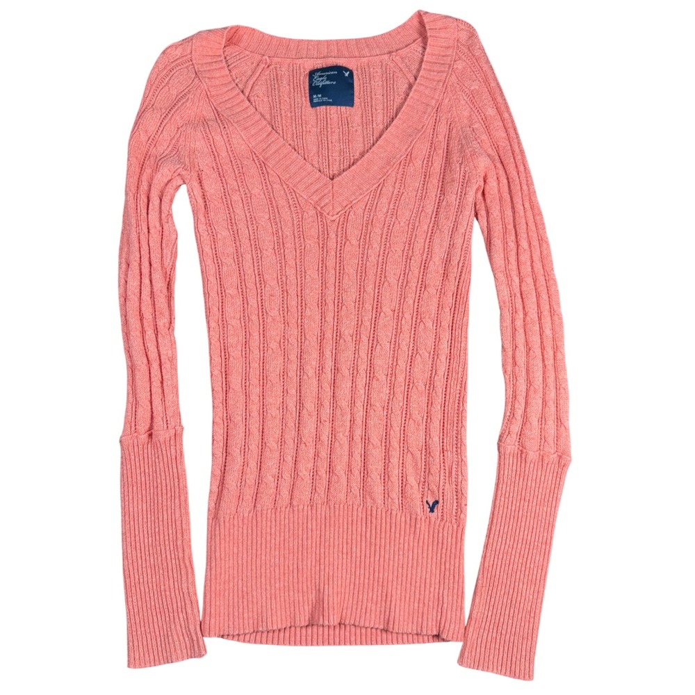 Vintage American Eagle Cable Knit Sweater Womens Medium Pink V-Neck Babydoll Y2K